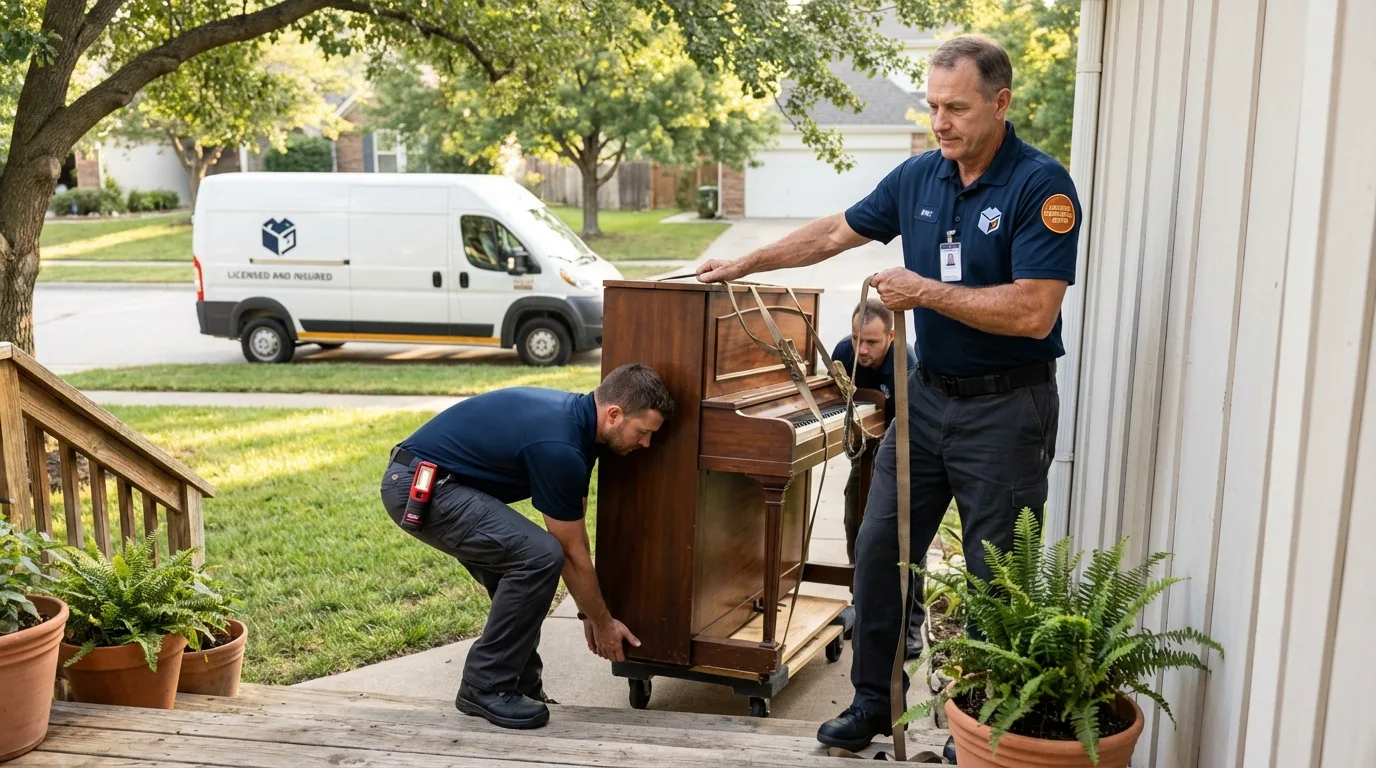 Licensed piano movers securing grand piano in Belle Vernon, PA