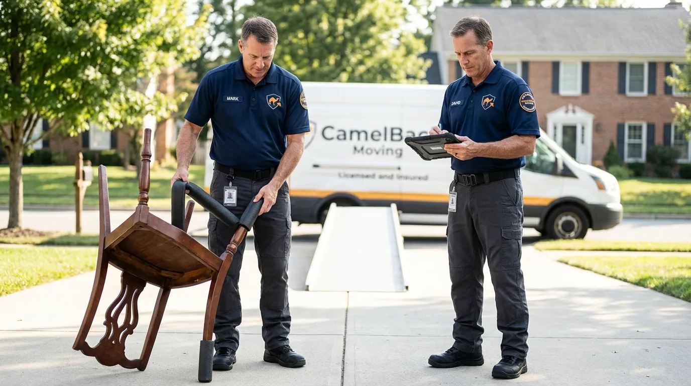Movers inspecting furniture for damage prevention before loading in Belle Vernon, PA