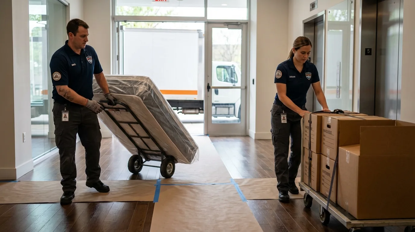 Professional apartment movers loading elevator in Belle Vernon, PA