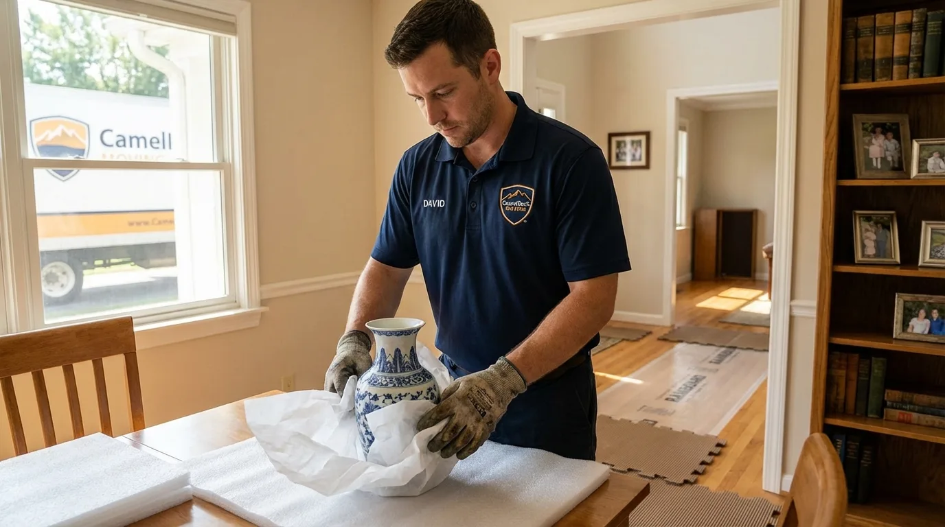 Professional crew carefully wrapping antique vase for senior downsizing move in Belle Vernon, PA